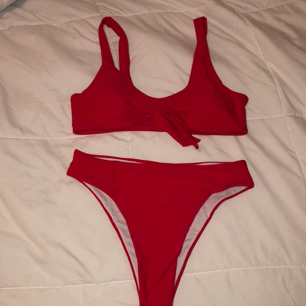 Red front knot high rise bikini